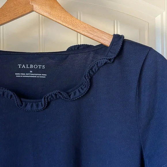 Talbots navy tee shirt with ruffle neckline - Picture 2 of 3